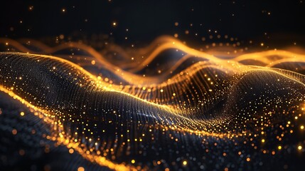 Isolated on a black backdrop, flowing dots in a wave-like pattern with a gold gradient light, Generative AI.