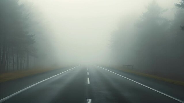 The dense fog creates a sense of unknown danger, making the journey along the road fraught with uncertainty.