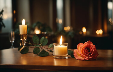 Obraz na płótnie Canvas candles and rose on the table Valentine's Day romantic Background