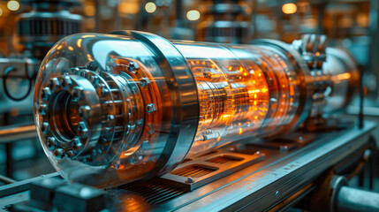 An industrial engine transparent modern high-tech centrifugal electric pump with asynchronous electric motor on a blue background with reflection