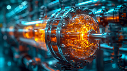 Industrial high tech transparent glowing translucent energy shell and tube heat exchangers with pipes futuristic with energy and fuel equipment in oil refinery - obrazy, fototapety, plakaty