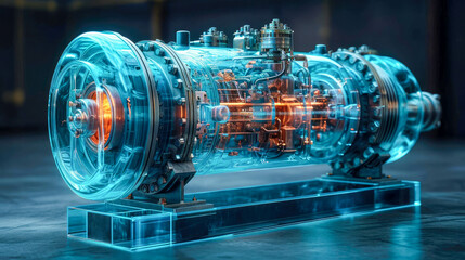 An industrial engine transparent modern high-tech centrifugal electric pump with asynchronous electric motor on a blue background with reflection - obrazy, fototapety, plakaty