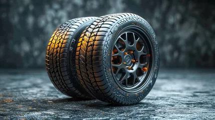 Fotobehang Car tires on a dark background. 3d illustration. Copy space © Aliaksandra
