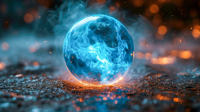 Crystal ball energy magic sphera with blue smoke on a black background