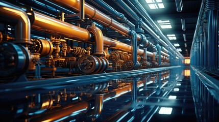 Obraz premium Metal pipes pipelines in a factory, industrial production line, industrial background