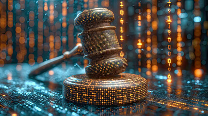Gavel with binary code on the keyboard, concept of cybercrime