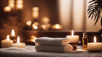 spa still life with candles, candles towel bottle on a bed in spa setting - obrazy, fototapety, plakaty