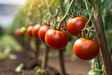 Breathtaking organic tomatoes on the, thriving at a local produce farm. Perfect for farm-to-table concepts. Copy space available. 