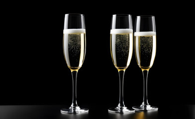 Three champagne glasses on a simple black background, Valentine's Day, Christmas. Generative AI