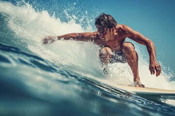 A handsome man surfing on a surfboard.
