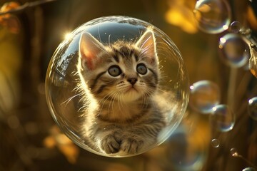 A kitten is trapped inside a soap bubble.