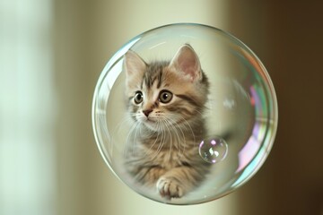 A kitten is trapped inside a soap bubble.