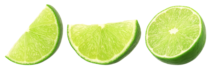 Fresh lime slice and half isolated, transparent PNG, collection, full depth of field, PNG format, cut out.