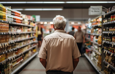 old person in grocery store, back view of senior man in supermarket - 719925722