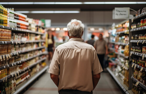 old person in grocery store, back view of senior man in supermarket