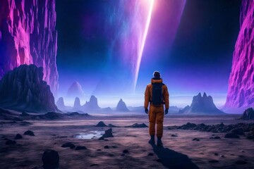 space explorer standing on an alien planet's surface, surrounded by towering crystal formations and strange extraterrestrial landscapes. - Powered by Adobe