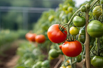 Breathtaking organic tomatoes on the, thriving at a local produce farm. Perfect for farm-to-table concepts. Copy space available. 