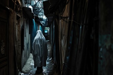 Fototapeta na wymiar A mysterious figure in a ghost costume standing in a dimly lit alleyway illustration of a ghost