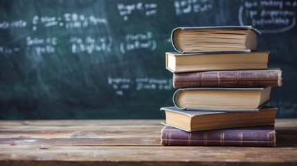 Stack of school textbooks on a wooden table with blurred green chalkboard in background, room for copy space - Powered by Adobe