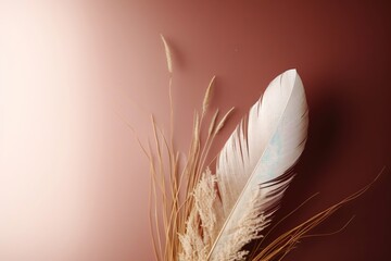 In a close-up view, a feather is intricately adorned with dried plants, offering a unique and customizable element that allows for creative personalization.
