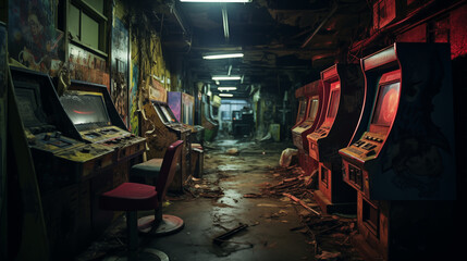 Abandoned Arcade Room. Generative AI.