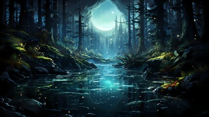 A captivating obsidian black lake nestled amidst a mystical forest, with the night sky adorned with constellations that seem to come alive