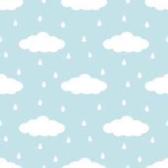 seamless pattern with clouds and rain drops on blue background 