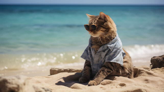 Sunbathing Cat by the Seaside with Stylish Sunglasses. Generative AI.