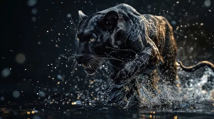 Tuinposter High speed black panther running through water. © Bargais