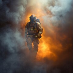 Naklejka premium Firefighter in the fire with smoke and fire in the background.AI.