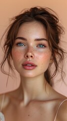 Naklejka premium Beauty portrait of young woman with freckles on her face.AI.