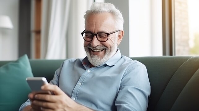 Happy senior man in eyeglasses using smartphone while sitting on sofa at home. AI.