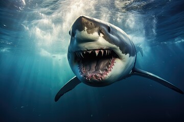 Fototapeta premium Great white shark, Great White Shark in blue ocean. Underwater photography, shark in the sea, Great White Shark in blue ocean, Great white shark, Great White Shark in blue ocean. Underwat Ai generated