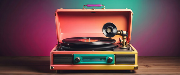 vintage old gramophone vinyl player cinematic retro colors eighties and nineties style gradient wallpaper, Music vintage audio theme,  Grainy nostalgia style 