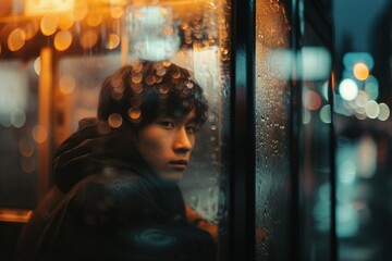 Sad asian man looking out the bus window in rainy weather.