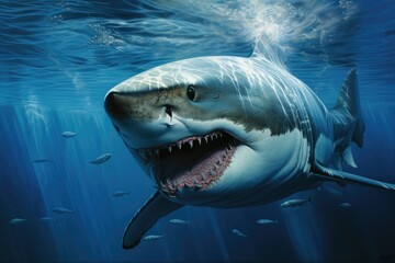 Obraz premium shark in the sea, Great White Shark in blue ocean, Great white shark, Great White Shark in blue ocean. Underwater photography Ai generated
