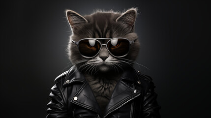 Stylish Cat Wearing Sunglasses and Leather Jacket in Studio Setting. Generative AI.