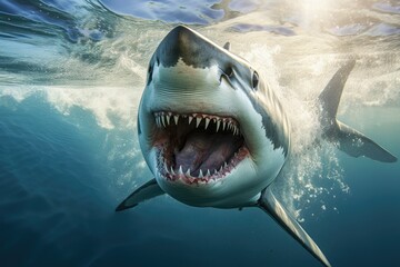 shark in the sea, Great White Shark in blue ocean, Great white shark, Great White Shark in blue...