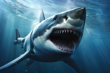 Fototapeta premium Great white shark, Great White Shark in blue ocean. Underwater photography Ai generated