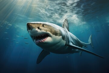 Fototapeta premium Great white shark, Great White Shark in blue ocean. Underwater photography Ai generated