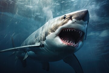 Fototapeta premium Great white shark, Great White Shark in blue ocean. Underwater photography Ai generated