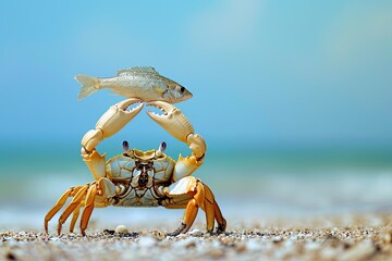 A crab on a beach holding a fish above it's head.
