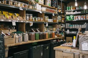 Zero waste shop interior details. Wooden shelves with different food.