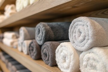 Obraz na płótnie Canvas Close up of shelf with rolled bath towels at hotel spa.
