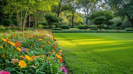 Obraz premium Multi-colored flower bed in the park. Outdoor summer gardening.