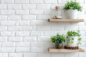 Fototapeta na wymiar Modern white brick wall with shelves and houseplant.