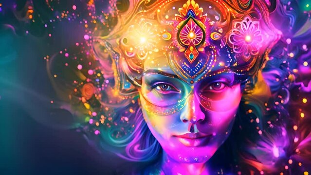 Colorful woman head with luminous mandalas around. Meditation and transcendent concept.