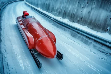 Foto op Plexiglas The bobsleigh raced down the ice track. © Bargais
