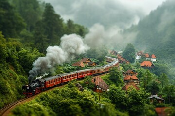 A steam locomotive traversing a mountain village.