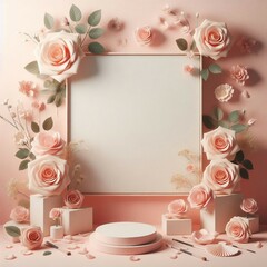 Background studio Cement room display with roses on light pink wall texture background,Banner Backdrop for Spring ,Summer,winter Beauty Presentation